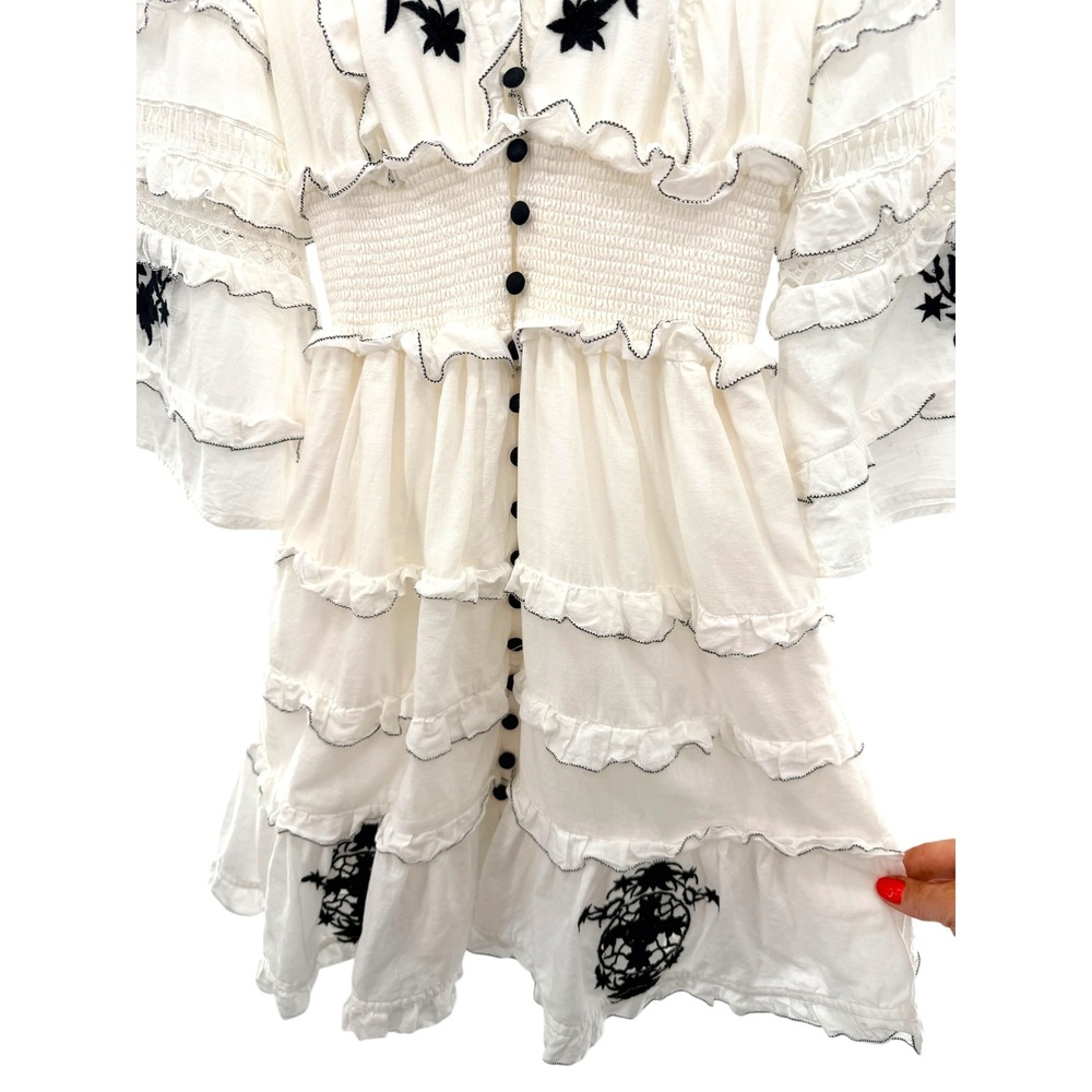 Anthropologie Embroidered V-Neck Ruffled Mini Dress White Black Floral XXS - Picture 7 of 10